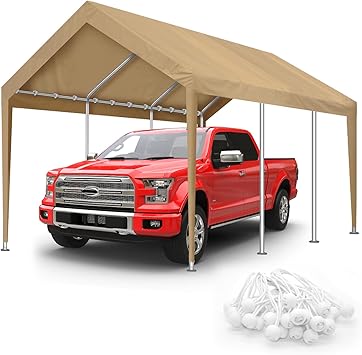 10x20FT Carport Canopy Replacement Cover Heavy Duty Waterproof & UV Protected, All Weather Car Shade Canopy with Ball Bungees (Beige, 10'x20', Frame is not Included)