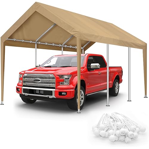 10x20FT Carport Canopy Replacement Cover Heavy Duty Waterproof & UV Protected, All Weather Car Shade Canopy with Ball Bungees (Beige, 10'x20', Frame is not Included)