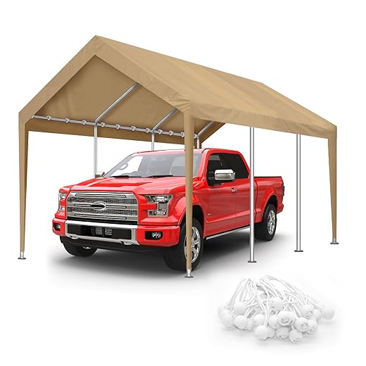 10x20FT Carport Canopy Replacement Cover Heavy Duty Waterproof & UV Protected, All Weather Car Shade Canopy with Ball Bungees (Beige, 10'x20', Frame is not Included)