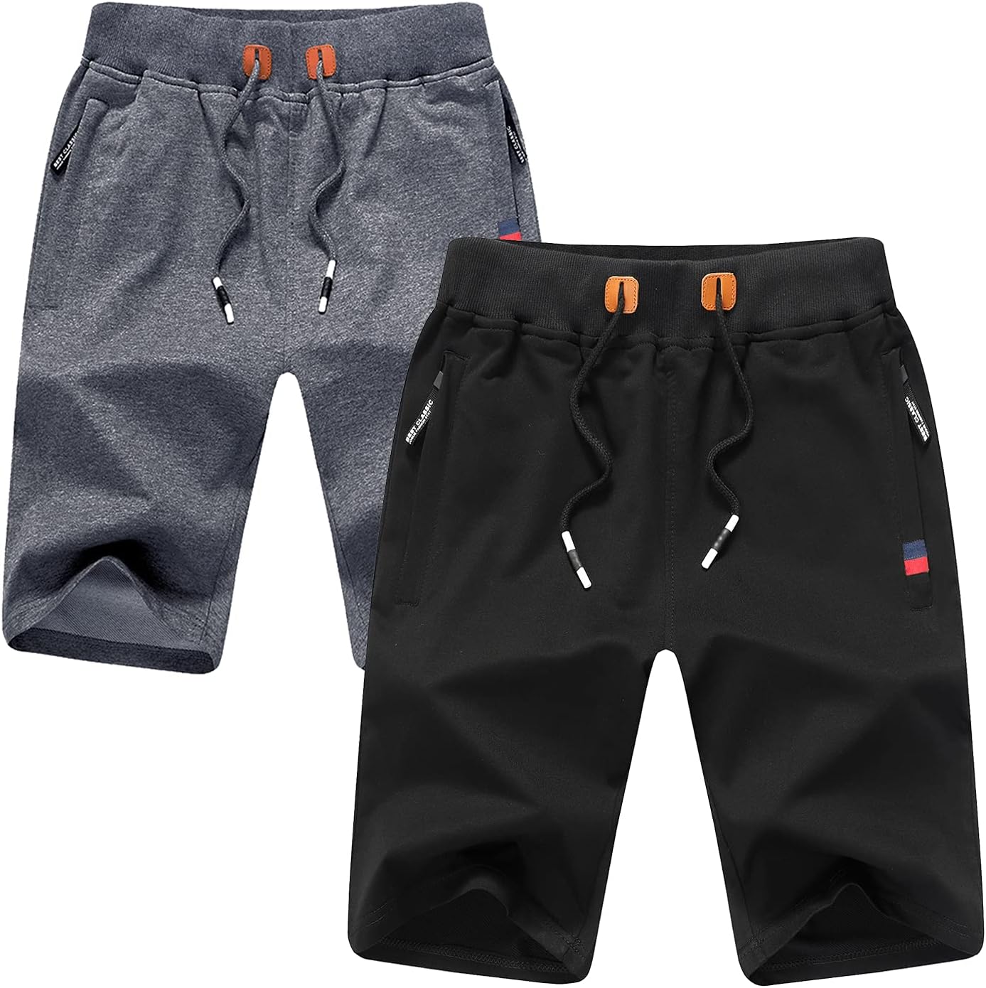 IRELIA 2 Pack Boys Shorts Cotton Drawstring Elastic Waist with Zipper Pockets