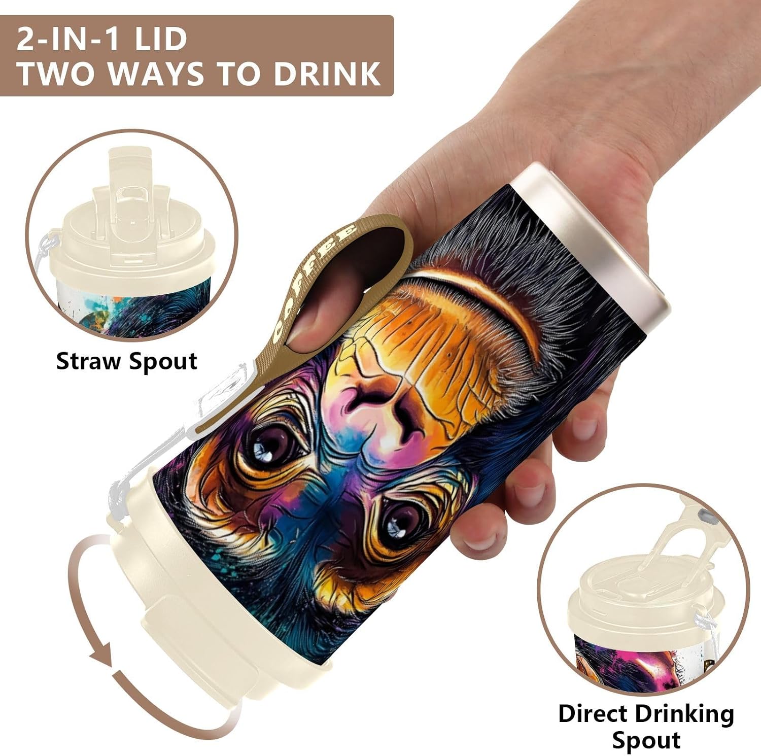 Monkey Butterfly Colors Insulated Coffee Mug with Straw & Flip Lid, 16.9oz Iced Tumbler Cup, Double Wall Vacuum Leak-Proof Mug for Travel Office