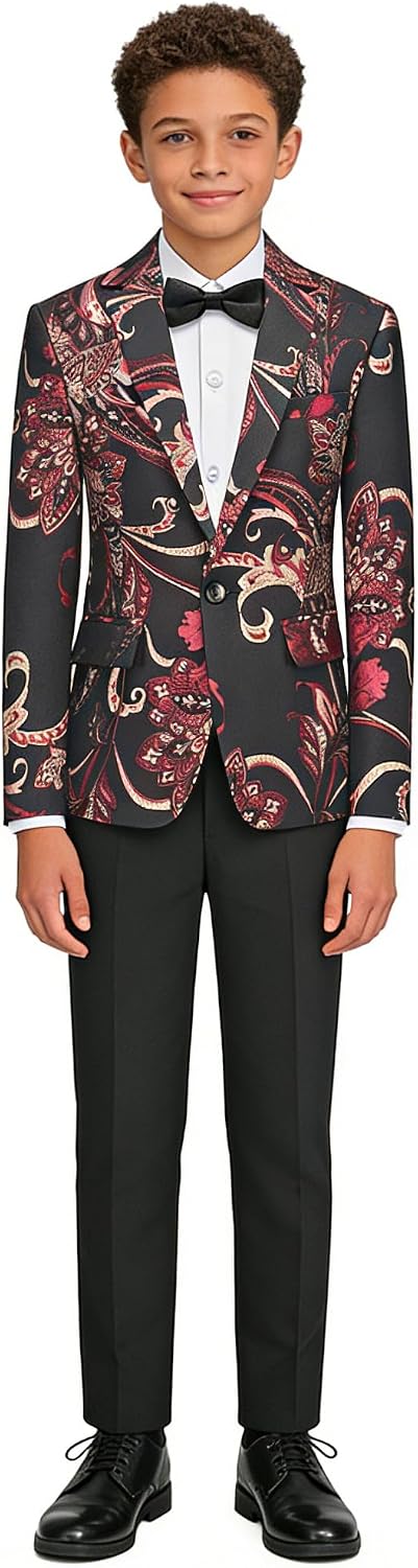 Boys Floral Tuxedo Suit Set Kids 3 Piece Slim Fit Prom Set Size 4-18