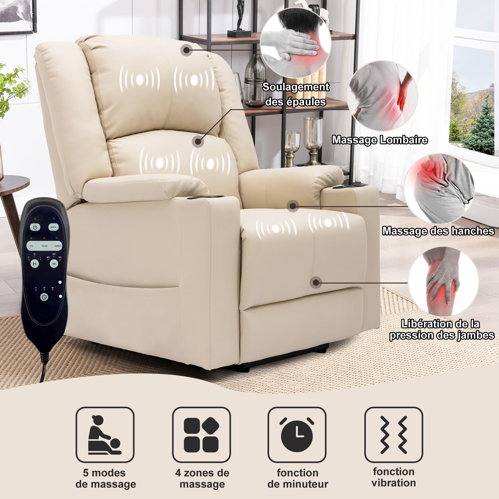 COMHOMA Fauteuil Électrique Relax Massage et Relaxation Aide à Debout - Dossier Réglable, Pédales Rétractables, 2 Porte-gobelets - Beige/Blanc pour Personnes Âgées
