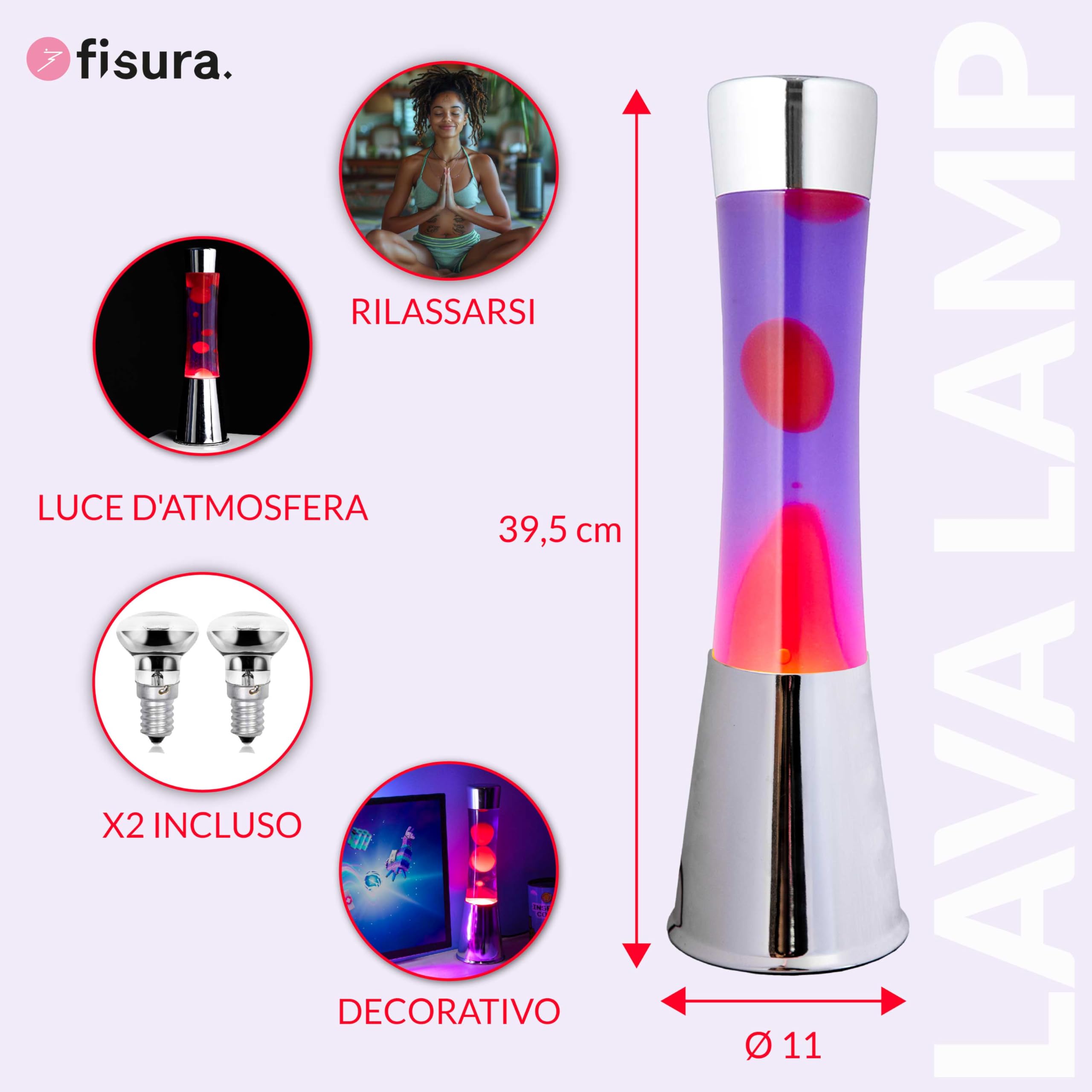 FISURA - Lampada lava rossa e viola. Base argento cromato, liquido viola e lava rossa. Lampada ad effetto rilassante. Con lampadina di ricambio. 11 cm x 11 cm x 39,5 cm.