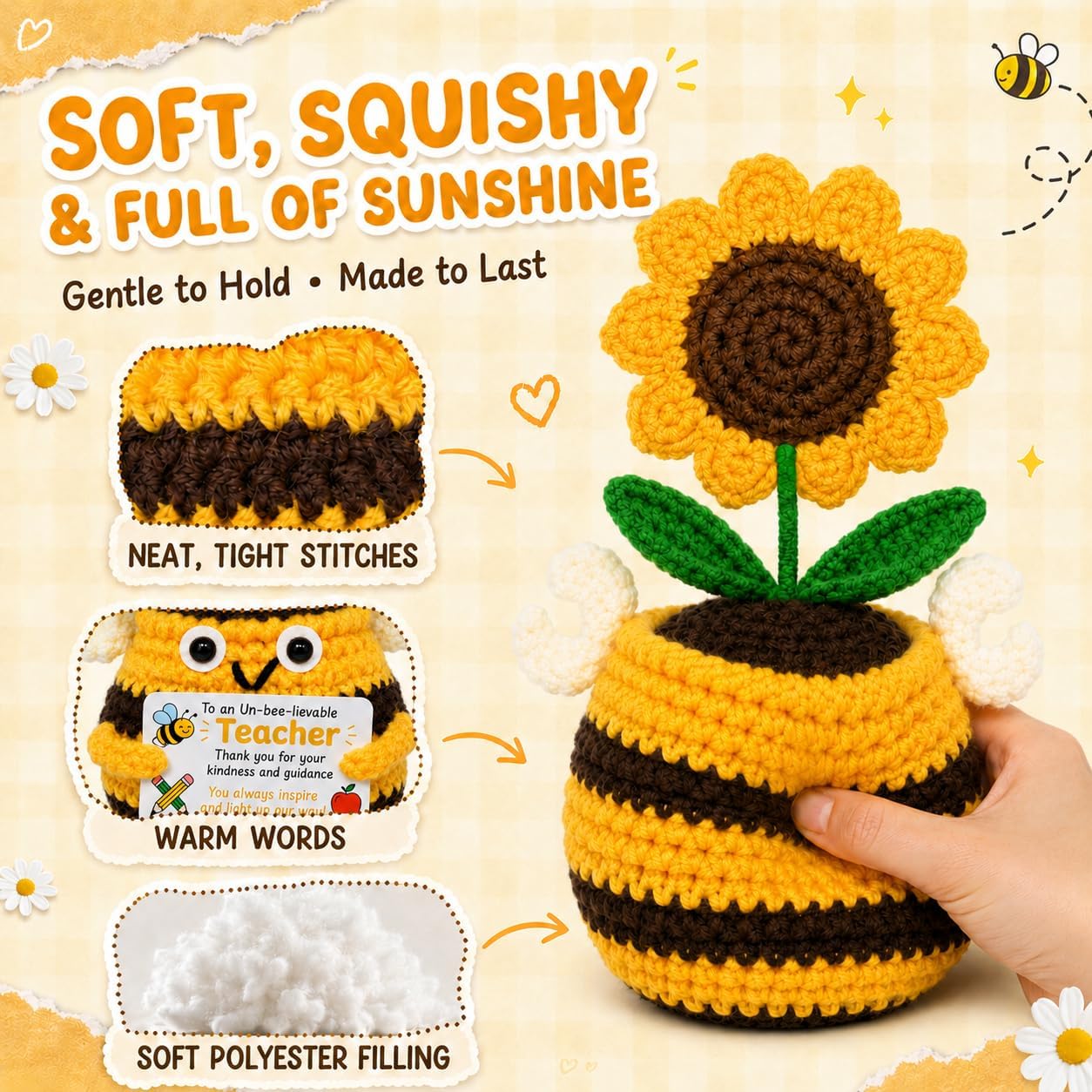 Teacher Gifts for Women, Handmade Crochet Bee Sunflower