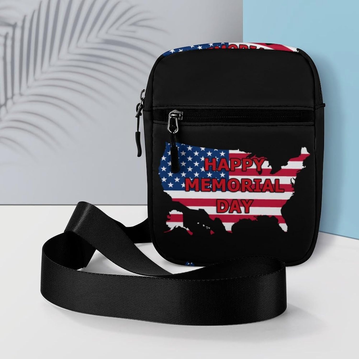 Happy Memorial Day U.S.A Map Small Crossbody Bag Sling Shoulder Satchel | for women men,work travel workout,detachable and adjustable shoulder strap