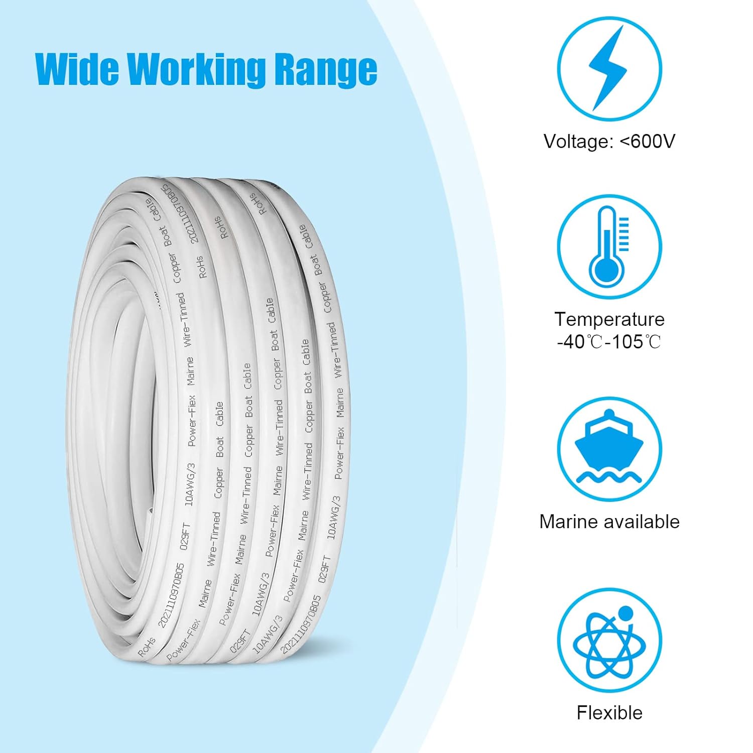 10 Gauge Triplex Marine Wire Tinned Copper Boat Cable, 20ft 10 AWG Standard USA OFC Oxygen Free Copper Wire for Automotive Boat Speakers Solar Outdoors