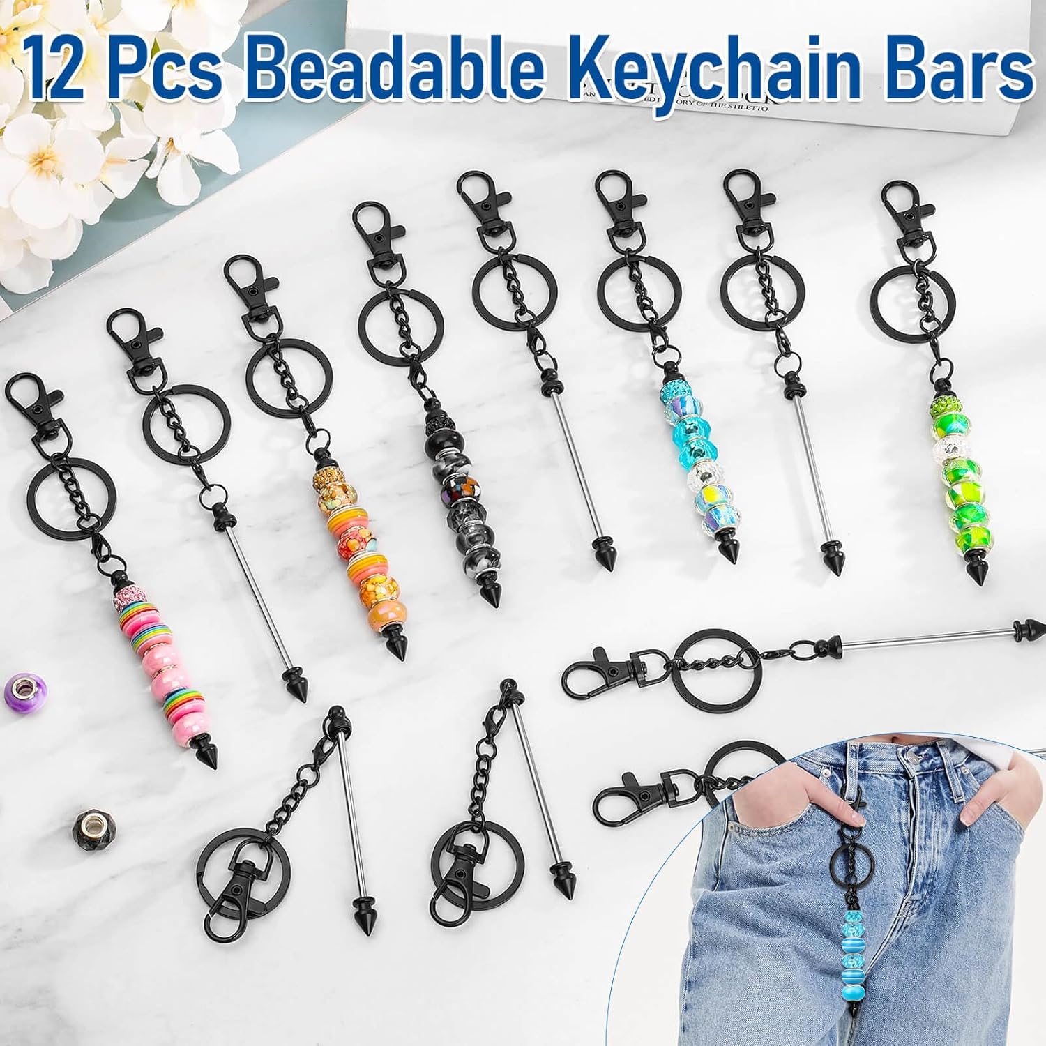 12 Pcs Beadable Keychain Bar, Black Beaded Key chain for Pendant DIY, Alloy Blank Accessories Bulk for Keychain Making Supplies Jewelry Making Gift - Image 5