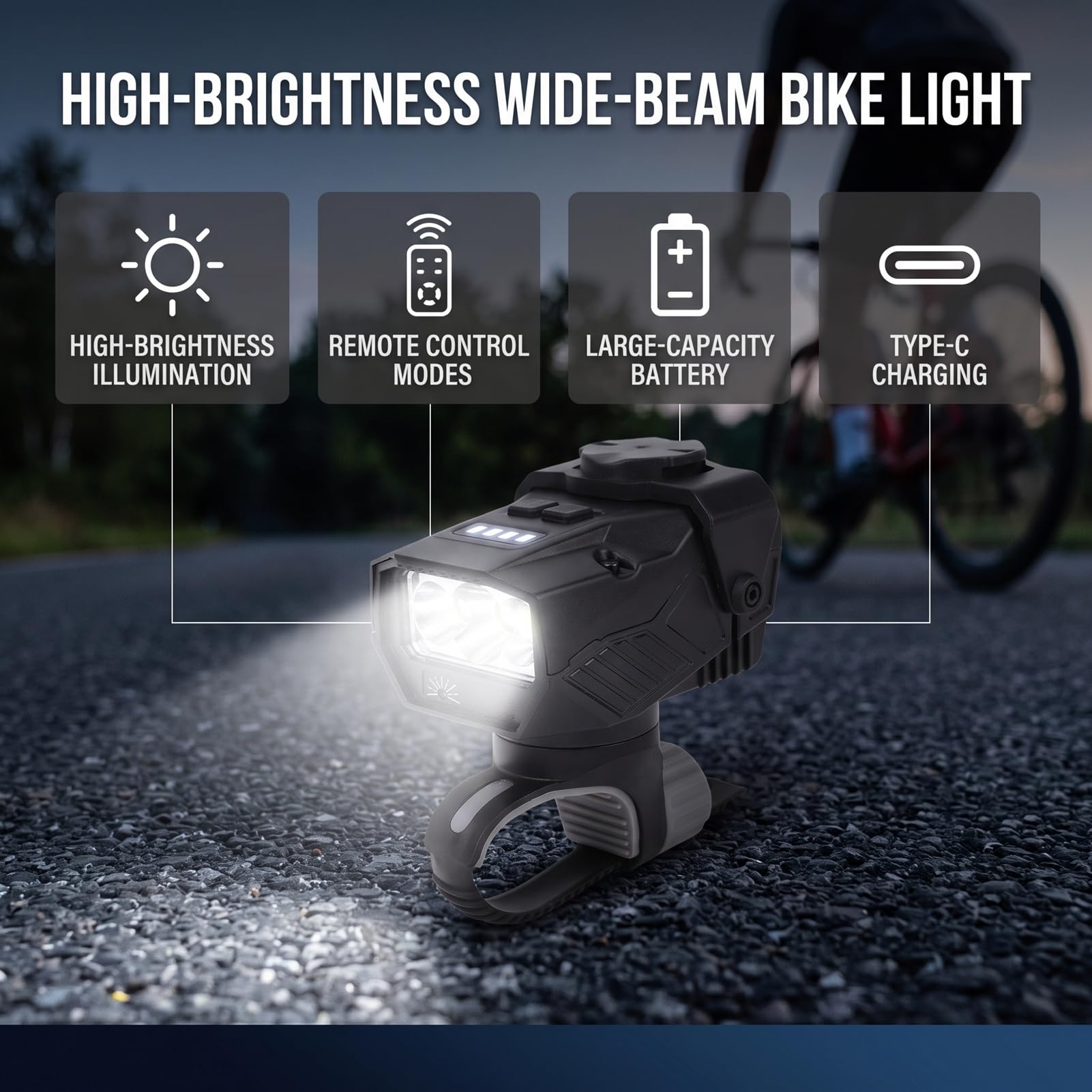 Luz de Bicicleta Recargable de Haz Ancho 2800 MAh con Control
