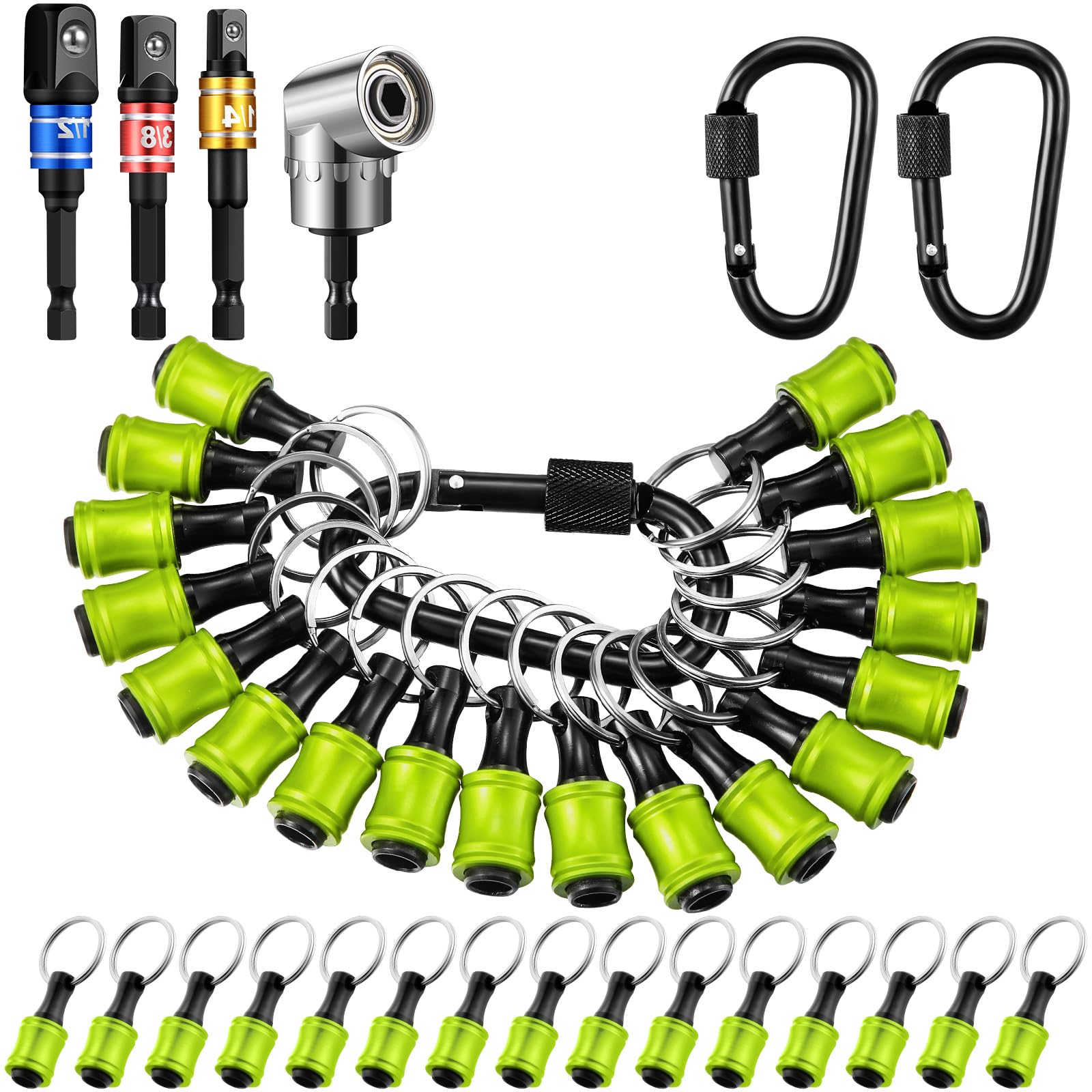 Threlaco 18 Pcs Bit Holder Keychain, 1/4 3/8 1/2 Socket Hex Shank Bit Holders Quick Release Screwdriver Extension Tool 105 Degree Right-angle Driver