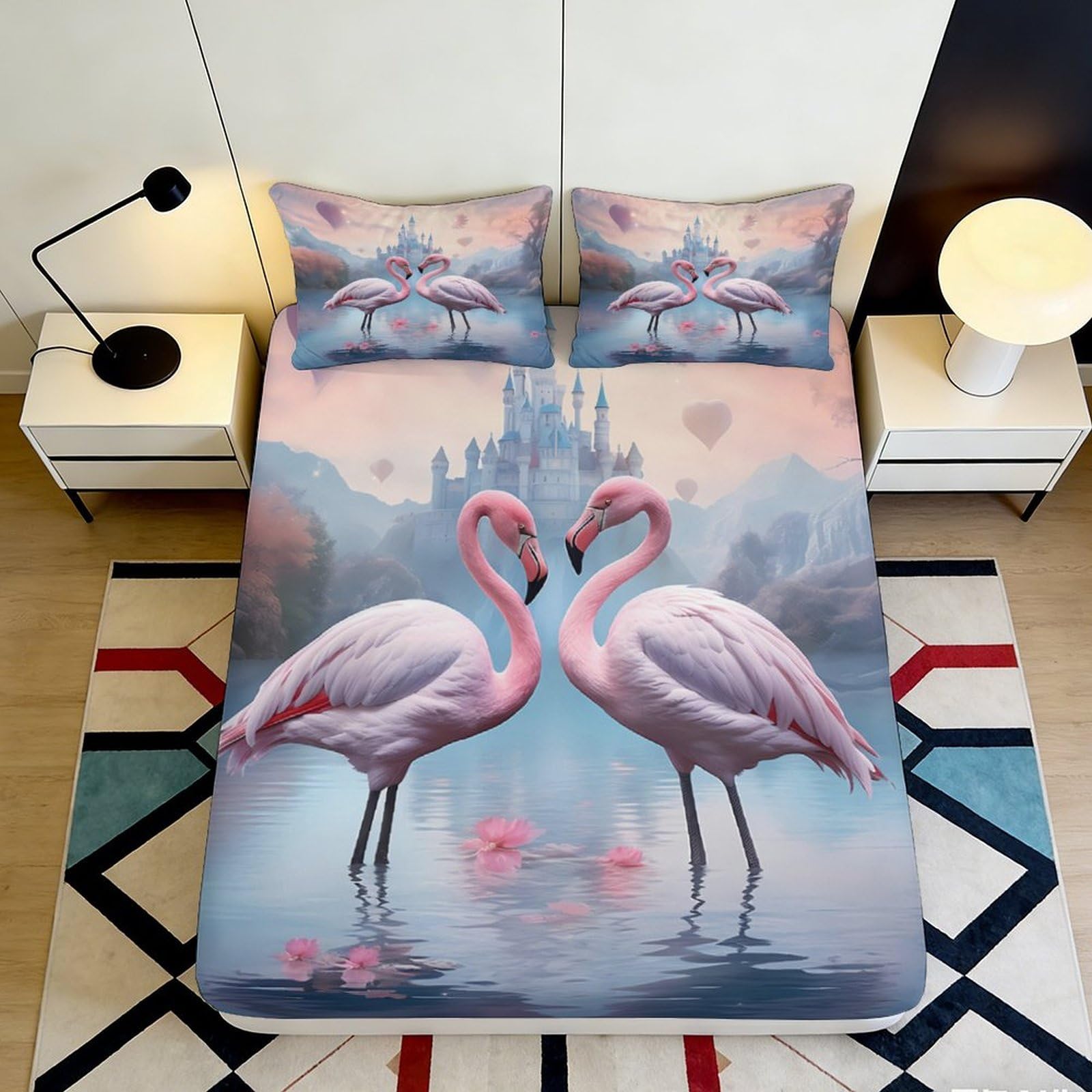 3D Printed Flamingo Fitted Sheet Microfiber Deep Pocket Bedding Set Flamingo Mattress Fitted Cover Non-Slip Wrap Washable 200x200x25cm