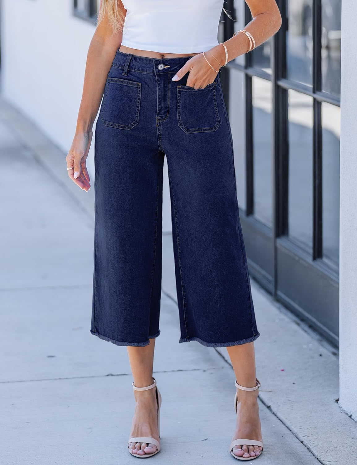 luvamia Women's Wide Leg High Waisted Cropped Capri Jeans - Image 2