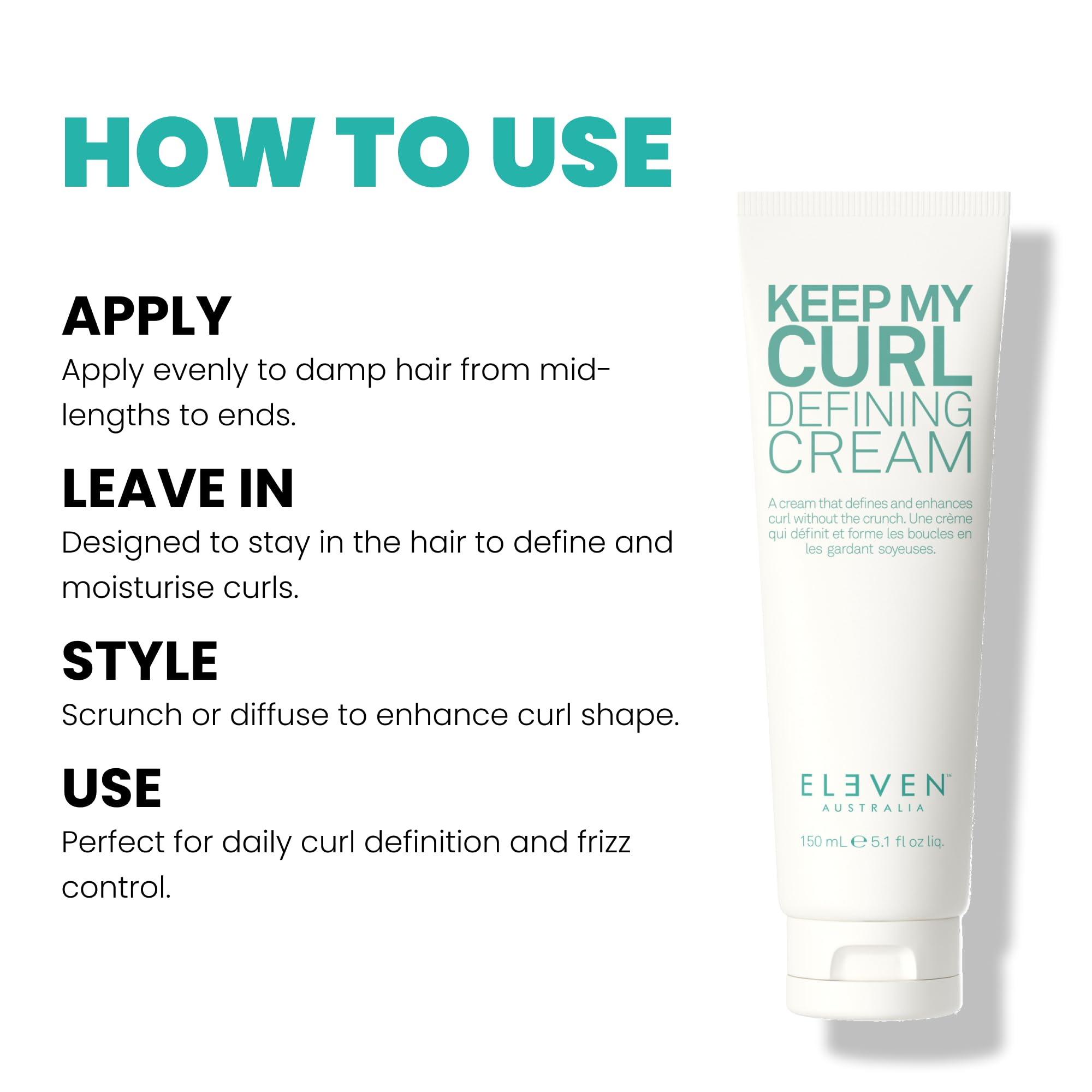ELEVEN Australia Keep My Curl Defining Cream – Crème de Définition Anti-Frisottis pour Cheveux Bouclés et Ondulés – Au Quinoa et Thé Vert – Végan – 150ml