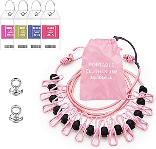Magnetic Retractable Clothes Line for Cabin - Approved 2025 Cruise Essentials - Drying Rack Travel Clothesline with Clothespins -4 Cruise Luggage Tags- Strong Magnets Hooks (Pink)