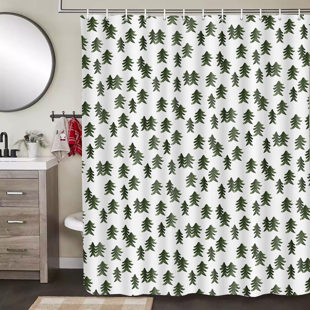 Dongbei Winter Shower Curtain Green Christmas Tree Snow Forest Bathroom Decor Teal Green Pine Tree Bath Curtain Winter Nature Scene Xmas Holiday Hooks