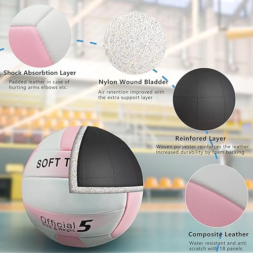 Miniatura 4 de UUBEMM Pelota de voleibol suave al tacto para interiores y exteriores, juegos de playa, parque, práctica de gimnasio, tamaño oficial con bomba para