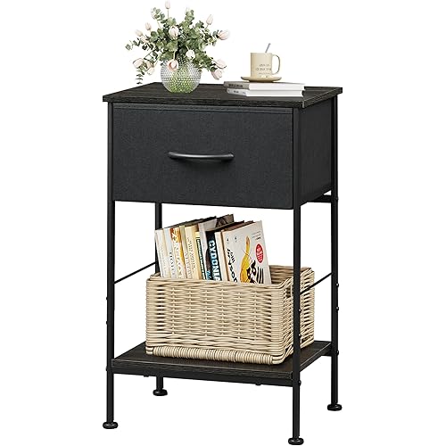 WLIVE Nightstand, End Table with Fabric Storage Drawer and Open Wood Shelf, Bedside Furniture with Steel Frame, Side Table for Bedroom, Dorm, Easy Assembly, Charcoal Black, 25" Height