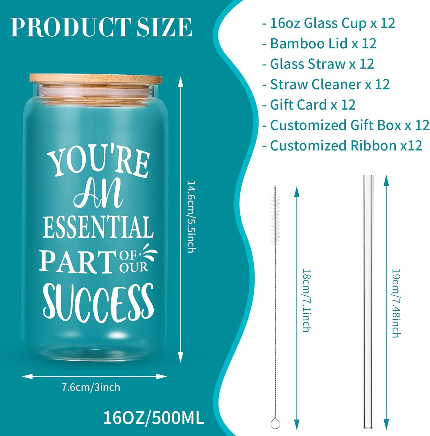 12 Pcs Employee Inspiration Glass Cups Set, OLSUNOR Personalized Inspirational Thank You Gifts for Staff Coworker 16 oz Can Shaped Beer Glass Cups, Gift Box and Card for Team Women Men Teacher Friends