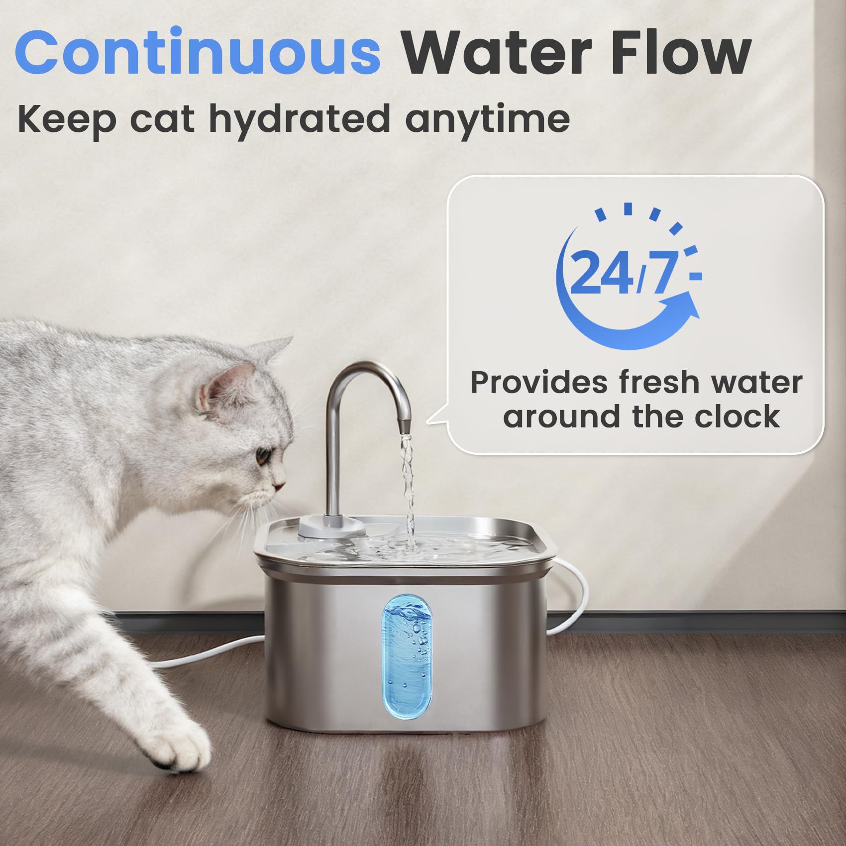 Fuente de Agua para Gatos, Acero Inoxidable, 3,2 L, dispensador de Agua automático silencioso para Perros, Apagado automático Seguro, Fuente de Agua Cuadrada Grande para Gatos de Interior
