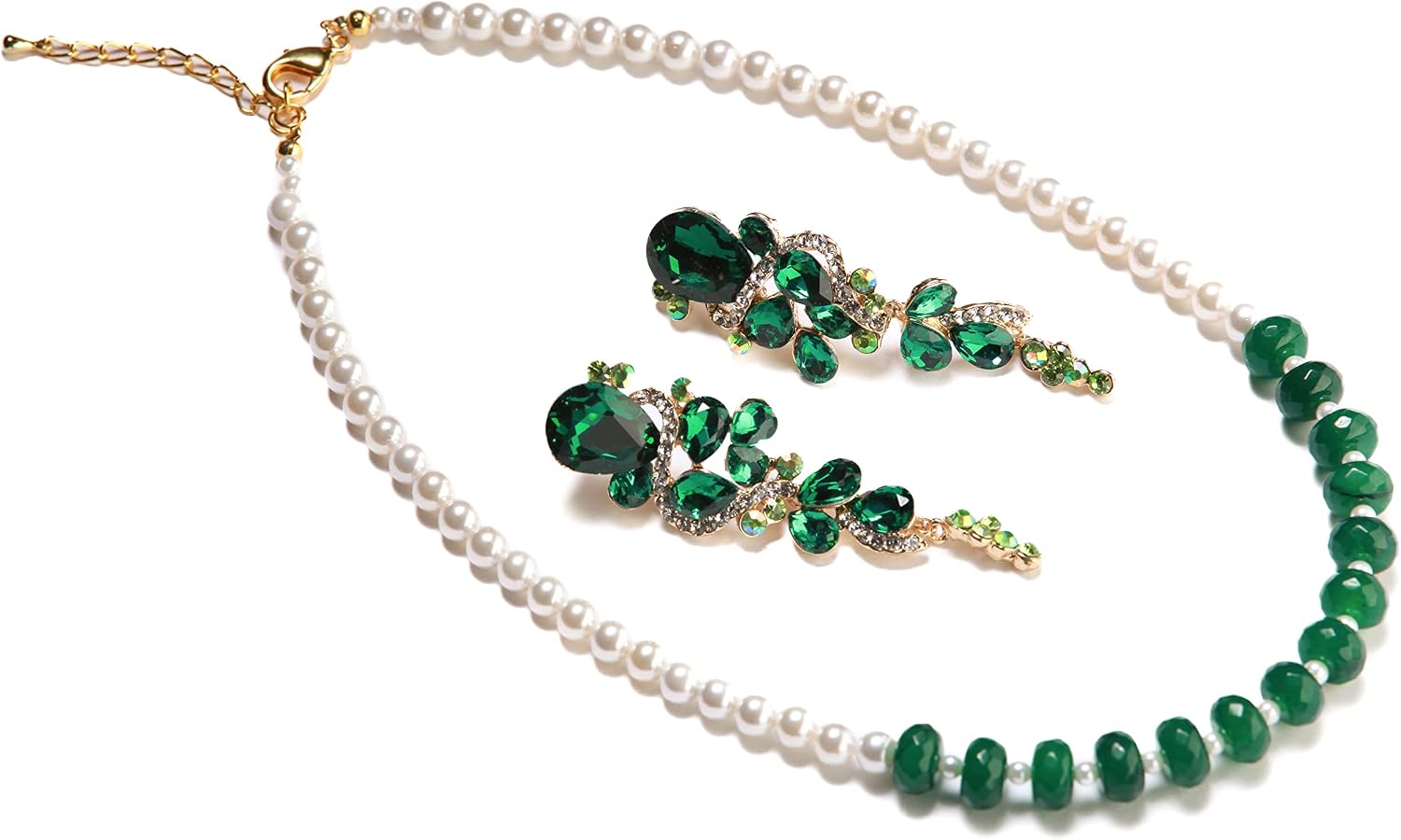 Green Onyx Roundel,2mm Freshwater Pearl Spacers, Oyster Shell Pearl Adjustable Necklace, Emerald Crystal CZ Dangling Earrings Jewelry Set