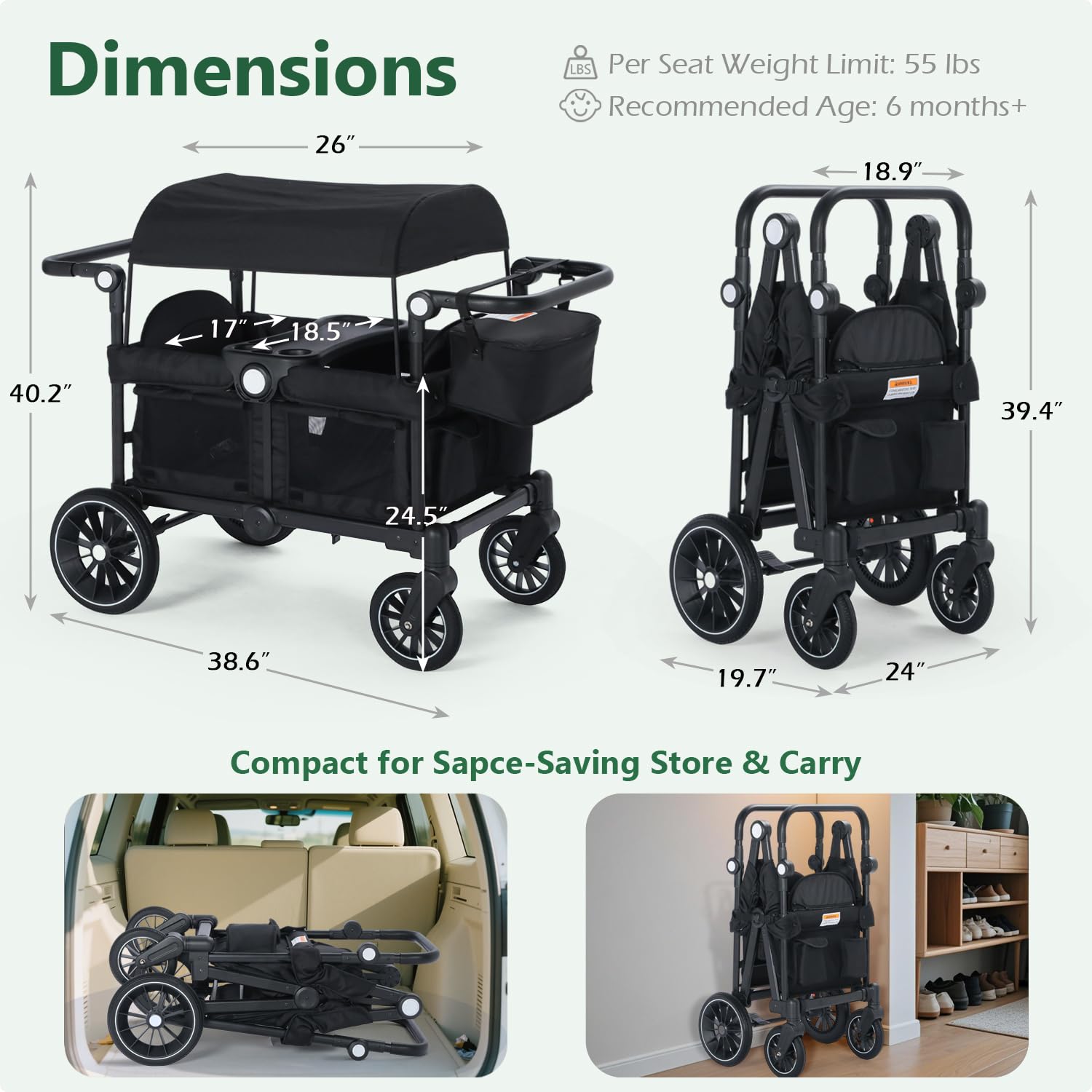 Kinder King Folding Wagon Stroller for 2 Kids, All-Terrain Baby Stroller Wagon Outdoor, Removable Canopy 2 Seater, Adjustable Handle, Shock-Absorbing Wheel, Detachable Tray, Parent Organizer, Black image 7 of 7 B0DWS4CB5F