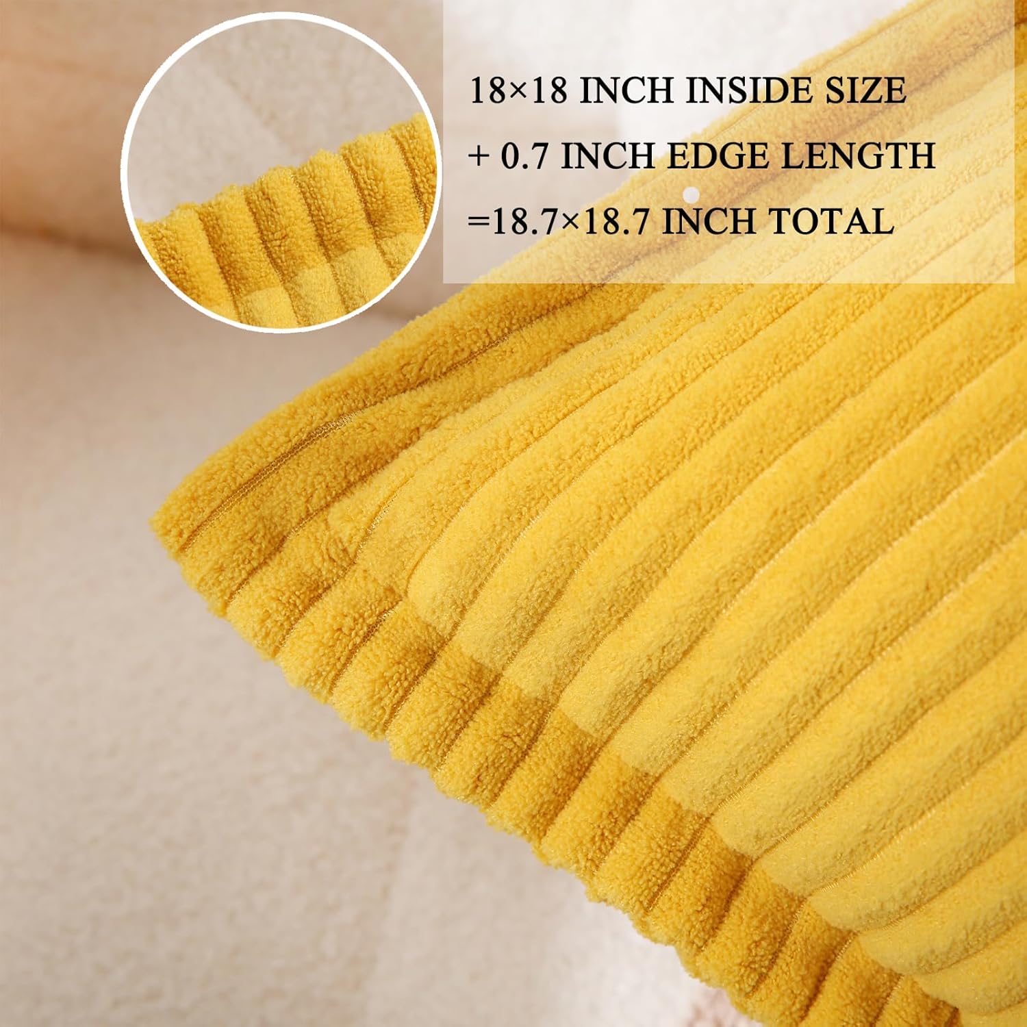Corduroy Yellow Throw Pillow Covers Set of 2 Striped Boho Decorative with Edge Design,Super Soft Throw Pillow Cushion Covers for Couch Sofa Living Room Solid Square 18×18inch/45cm×45cm - Image 3