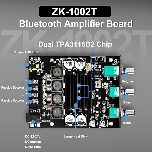 Miniatura 2 de ZK-1002T 100W+100W Bluetooth Amplificador Board, 2.0 Canal con Control de agudos y graves, DC 12-24V, BT y AUX, placa de amplificador estéreo para
