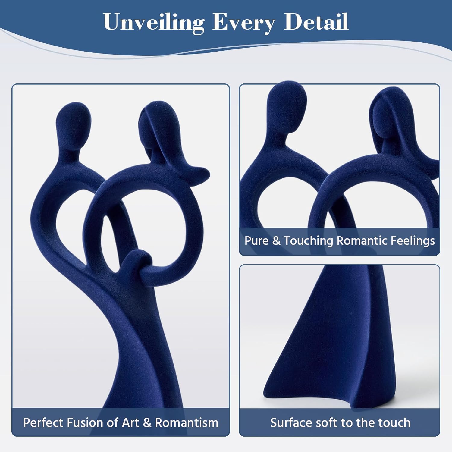 Velvet Flocked Couple Sculpture, Flocked Statue for Anniversary, Wedding Gift, Modern Abstract Art Figurine for Bedroom Decor, Living Room, Table Decor (Dark Blue) - Image 2