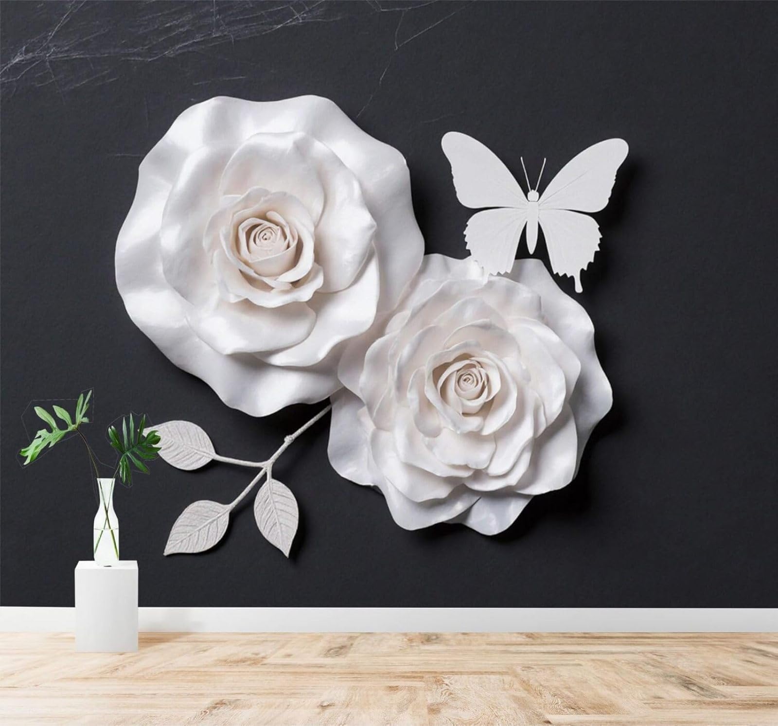 3D Papel Pintado Rosa Blanca Mariposa Fondo Negro Flores Elegantes Arte