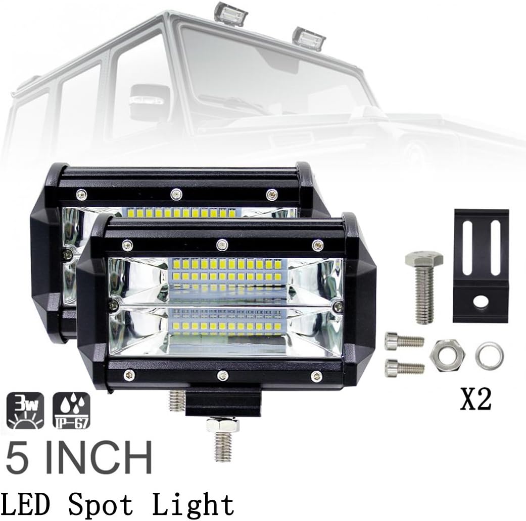 2PC 5" 24 LED Double Row Off Road Driving Work Spot Beam Fog Lights Waterproof 72W 10800 LM Light Bar for Pickup Trucks Jeep SUV Forklifts Boat