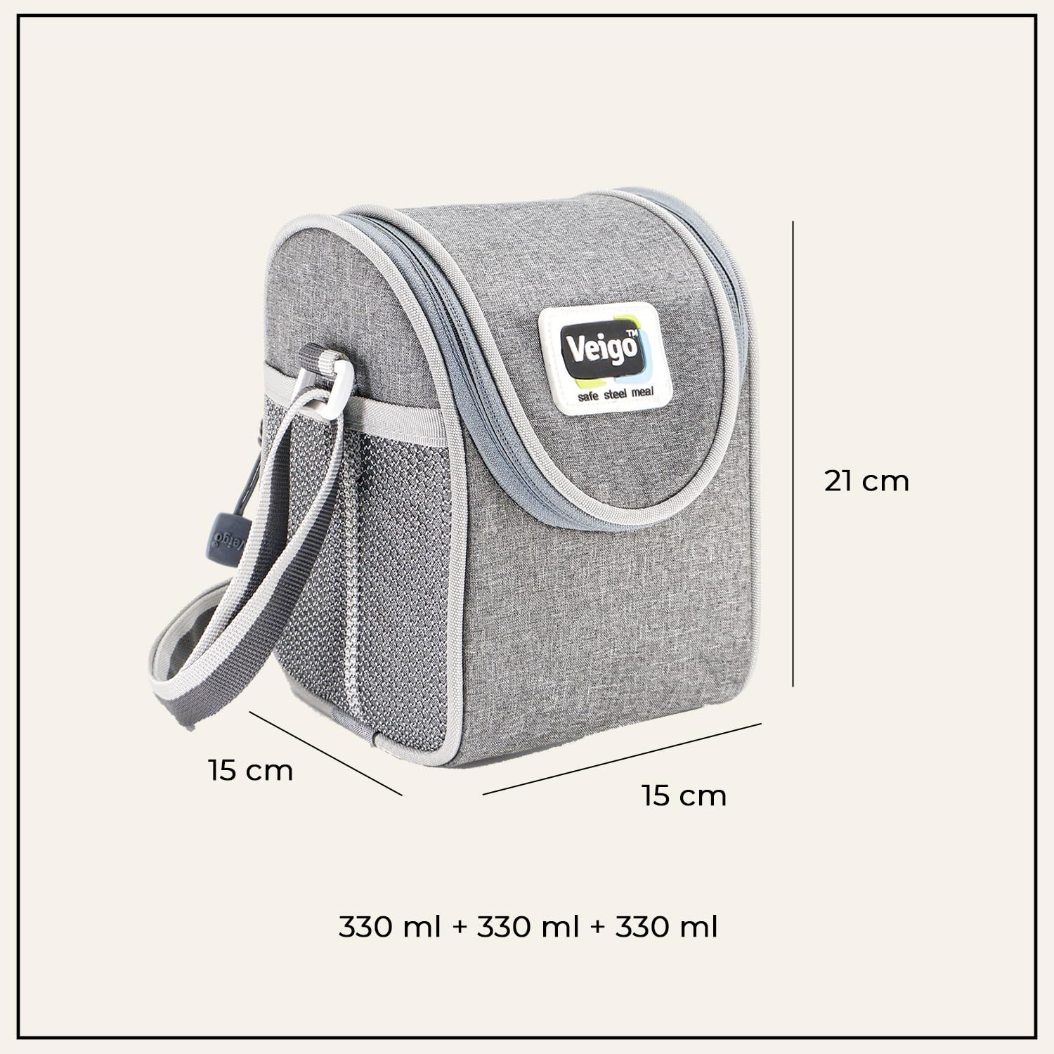 Veigo Stainless Steel Medium Snack Box Set of 3( 330 ml + 330 ml+ 330 ml)with Insulated Pouch | Airtight & Leakproof| Freezer & Dishwasher Safe| Snacks Box For School|Silicone Ring|Safe Lid Lock|Green 3