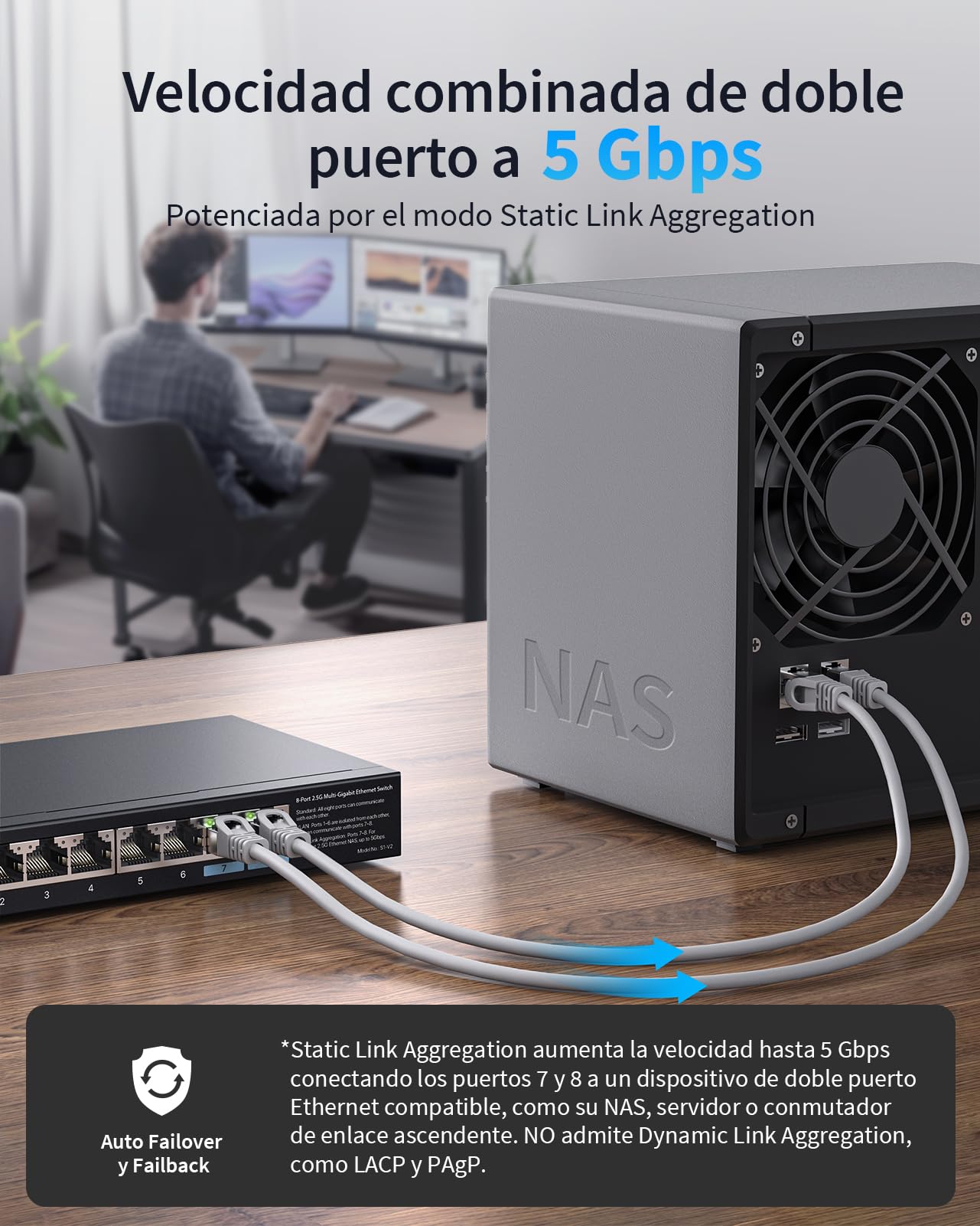 BrosTrend Switch Ethernet 2.5Gb 8 Puertos, Soporta Static Link Aggregation & VLAN, Hub Ethernet Switch RJ45 para Gaming PC NAS, Plug and Play, Hub Red no Gestionado sin Ventilador, Vida ÚTI Protección