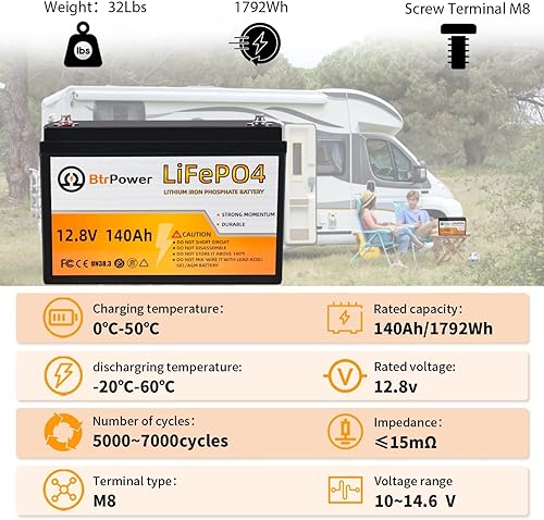 Miniatura 5 de BtrPower Batería de litio de 12 V 140 AH, batería LiFePO4 de ciclo profundo 5000+ con BMS integrado de 100 A para almacenamiento en el hogar, motor
