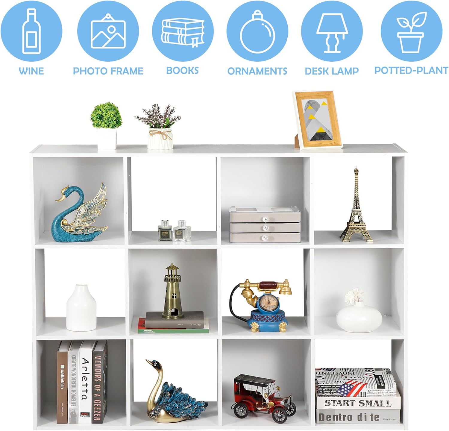 SUPER DEAL 12-Compartment Open Shelf Bookcase, 47 inch Wide Cube Storage Cabinet Wood Cubical Bookshelves Display Unit with 6 Removable Back Panels for Living Room Bedroom, White