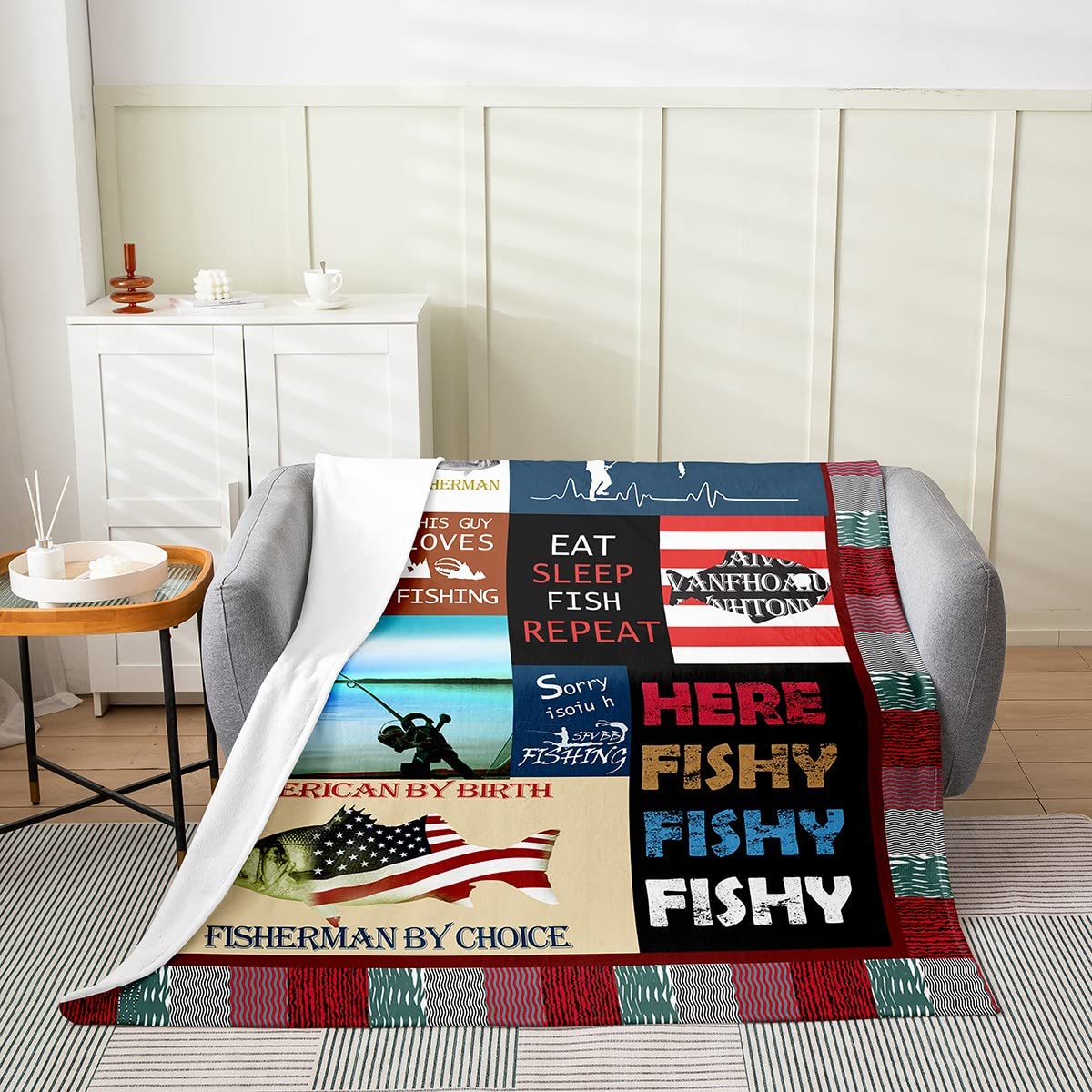 Loussiesd Pike Fish Flannel Fleece Blanket Fishing and Hunting Plush Throw Blanket,Fisherman Fish Man All Season,Bed Blanket for Sofa Kids Microfiber American Flag Double 60x79 Inch