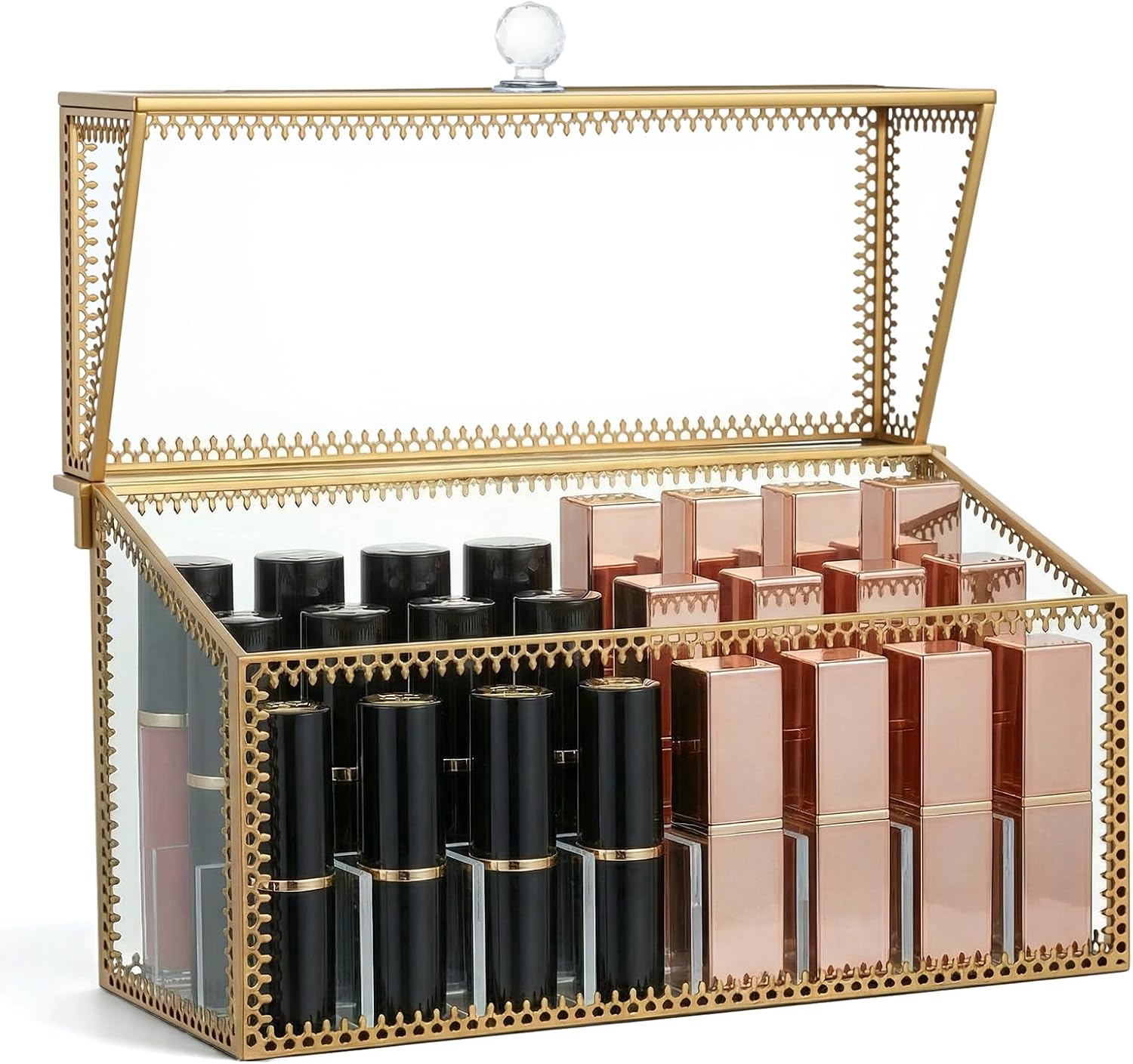 Lipstick Organizer Holder 24 Spaces, Tempered Glass Lip Gloss and Perfume Organizer, Vanity Lipstick Holder with Removable Dividers, Gold