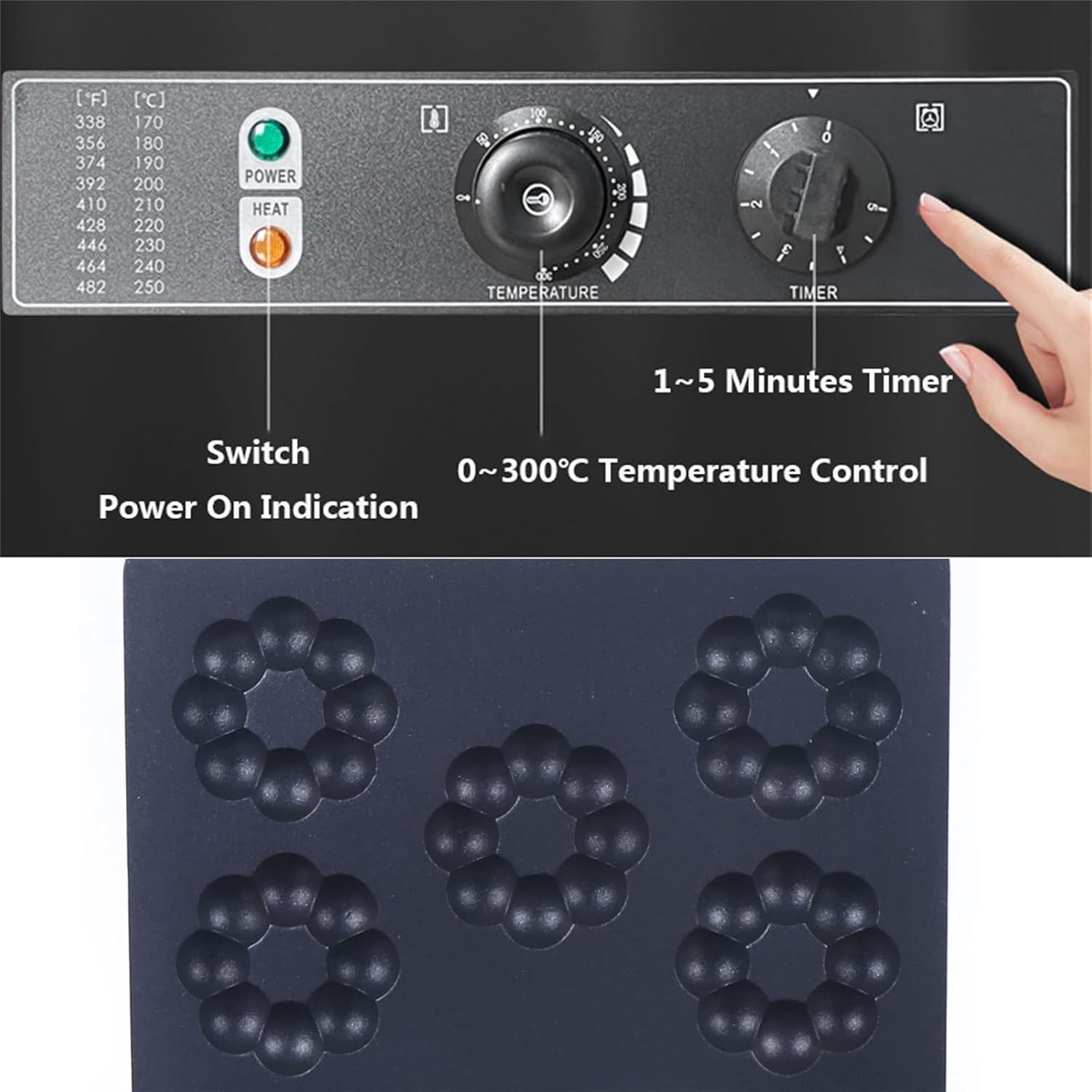 Waffle Maker Commercial Plum Flower Electric Doughnut Maker - 5-Holes Non-Stick Waffle Donut Machine with Temperature/Time Control for Bakery, Restaurants, Snack Bars
