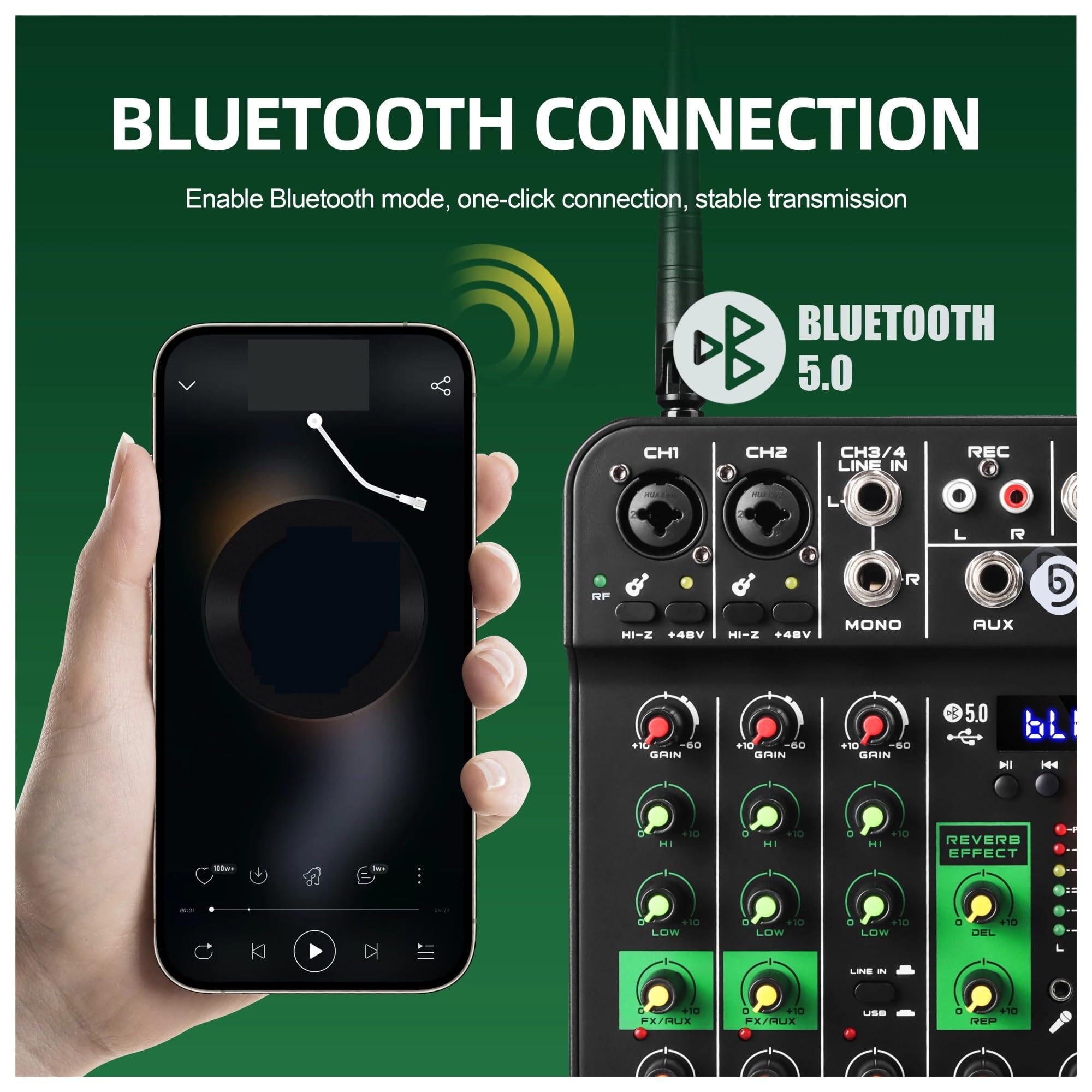 4 Kanäle Audio Mixer UHF Mikrofon Audio Interface Mischpult Bluetooth Record PC Delay Repaeat Effekt