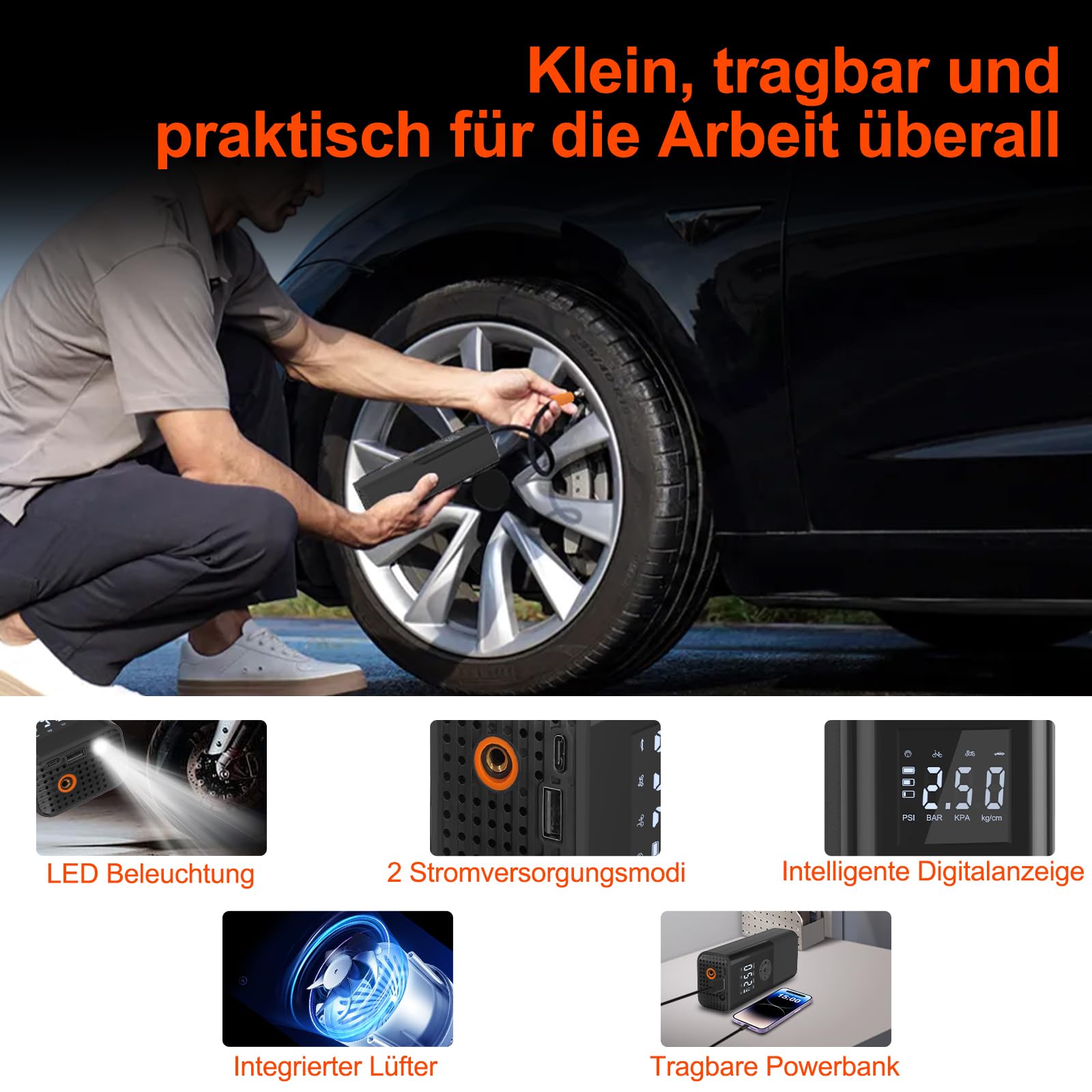 Luftpumpe 150PSI Elektrische Fahrradpumpe Mini Kompressor 12V EasyPump Mit Alle Ventile Autostop Funktion LCD LED Reifenfüller Tragbarer Luftkompressor über USB-C wiederaufladbar Als Powerbank
