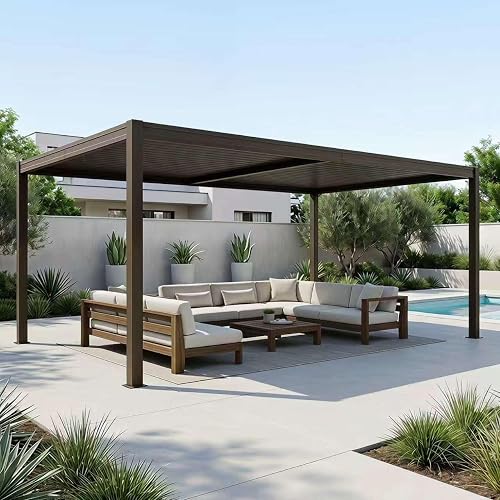 Domi Louvered Pergola 10x16, Outdoor Metal Pergola, Espresso Brown | Adjustable Roof and Built-in Drainage System, for Patio, Backyard, Deck