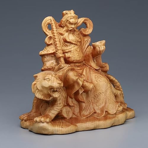 Vista 3 de Feng Shui Dios de la riqueza Tsai Shen Yeh sentado en tigre, estatua de tigre tallada en madera maciza, adornos de Zhao Gongming para decoración