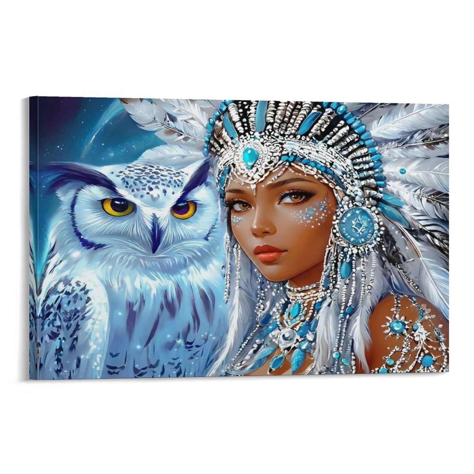 CPLVKWRQJ Snowy Owl Warrior Single Tribal Woman Beside Big White Spotted Owl Canvas Wall Art - Housewarming Gift Living Room Focal Point Ready to Hang Decor 20x30inch(50x75cm)