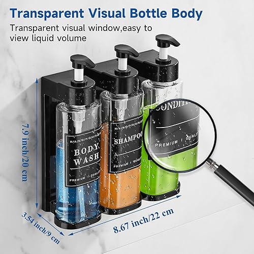 Miniatura 6 de Dispensador de champú y acondicionador, dispensador de ducha Unisense de 3 cámaras, sin taladro, dispensador de champú para montaje en la pared con