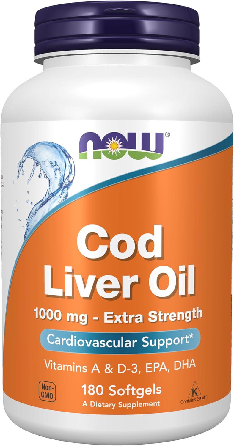 NOW Foods Supplements, Cod Liver Oil, Extra Strength 1,000 mg with Vitamins A & D-3, EPA, DHA, 180 Softgels NOW Foods Supplements, Cod Liver Oil, Extra Strength 1,000 mg with Vitamins A & D-3, EPA, DHA, 180 Softgels