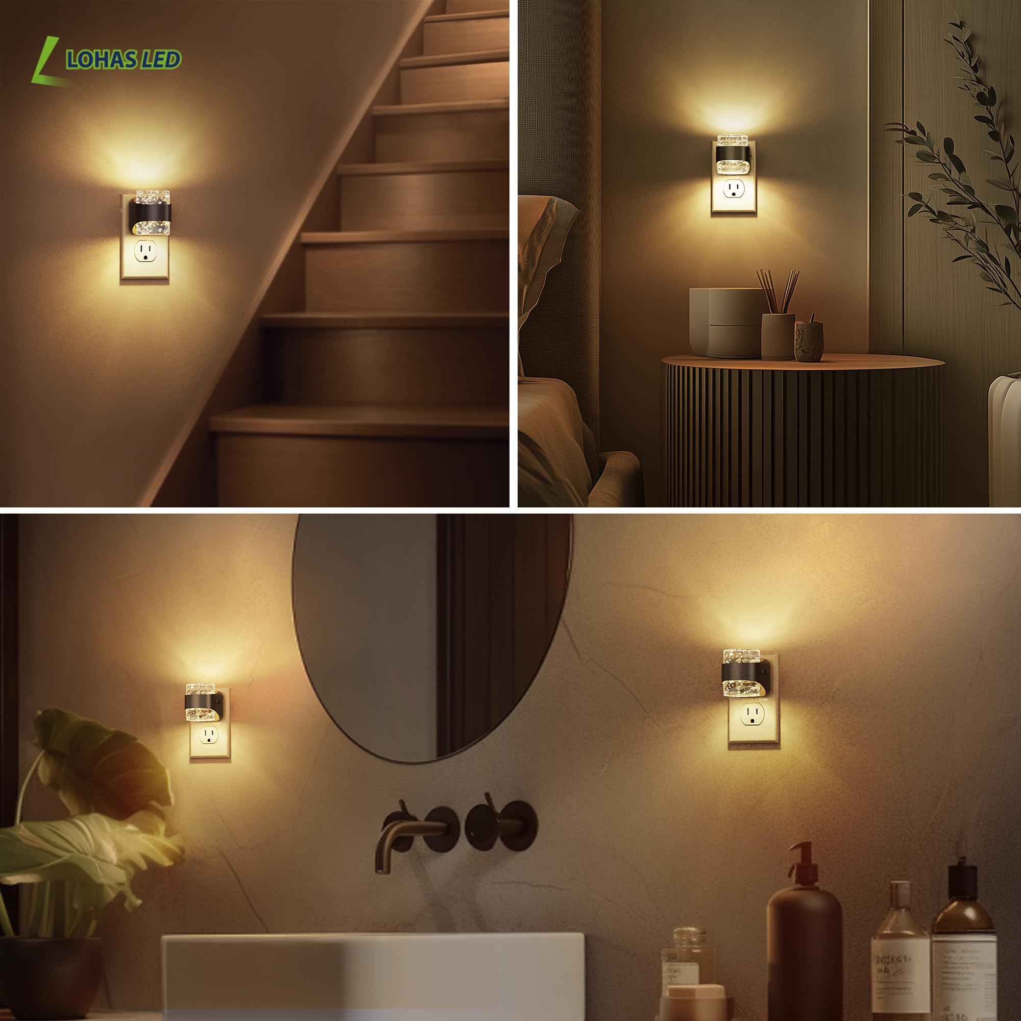 L LOHAS Bubble LED Nachtlicht, 3000K, 2 Stück, Wandstecken, Acryl Nachtlicht mit Lichtsensor, Einstellbare Helligkeit, Weiches weißes Nachtlicht für Schlafzimmer