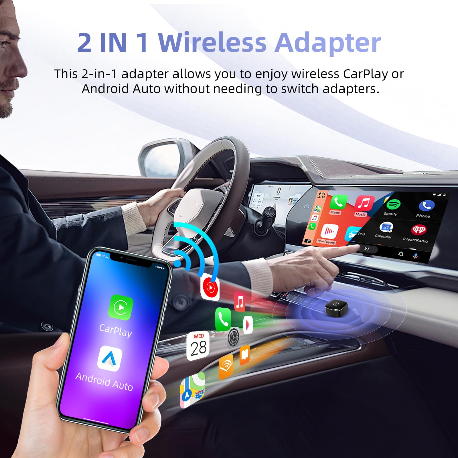 EZoneTronics 2-in-1 Adattatore CarPlay Wireless, Android Auto Wireless, USB/Type-C senza fili, Plug & Play, Connessione Veloce e Stabile senza Ritardi, Compatibile con iOS 10+ e Android 11+