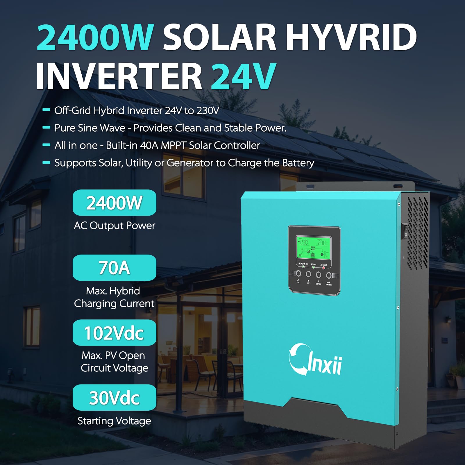 2400W 3000VA Inversor Híbrido 24V DC a 230V AC con Controlador de Carga Solar MPPT de 40A, Off-Grid Inversor de Onda Sinusoidal Pura para Sistemas Solares Domésticos, Múltiples Modos de Trabajo