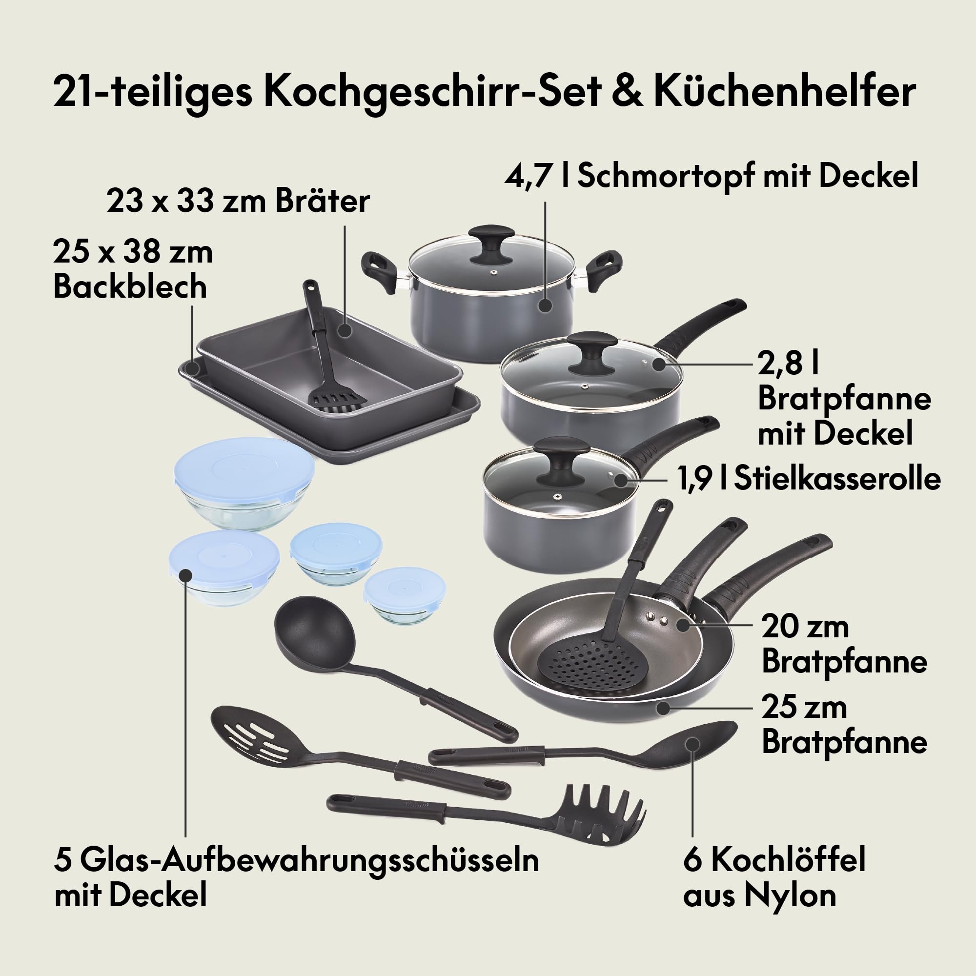 bella Antihaft-Kochgeschirr-Set mit Glasdeckeln - Aluminiumbackzubehör, Töpfen und Pfannen, Aufbewahrungsschüsseln und Utensilien, für alle Herdarten geeignet, 21 Teile, schwarz