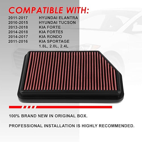 Miniatura 5 de Modelos no Turbo Panel de filtro de aire lavable compatible con Elantra Tucson Forte Rondo Sportage 1.82.02.4L 10-18, gasa de algodón roja