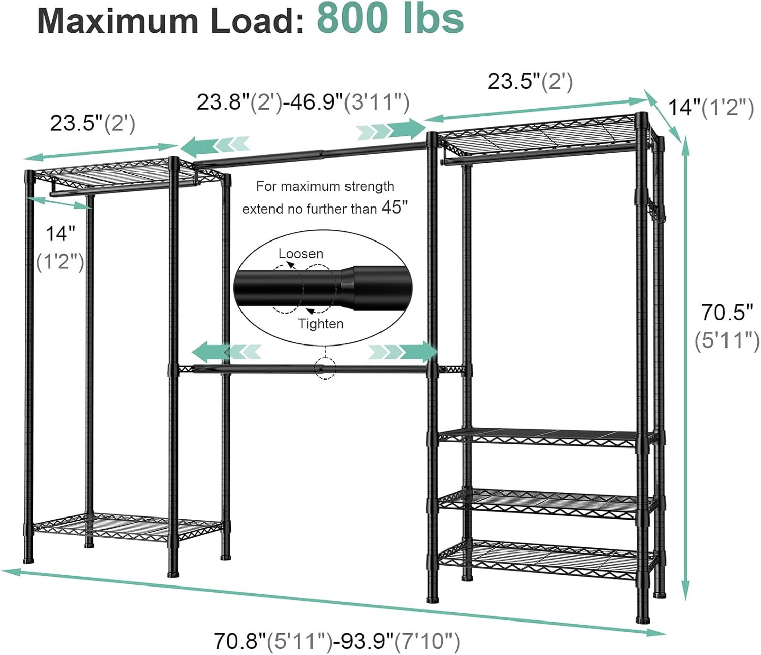 SEMHOR E06 Expandable Heavy Duty Clothes Rack for Reach-in Closet, Freestanding Clothing Racks with Shelves, Carbon Steel Closet Organizer System Adjustable from 70.8-93.9", Max Load 800LBS, Black thumbnail